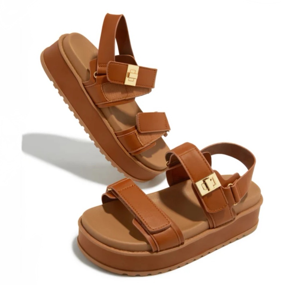 Tan Double Velcro Straps Platform Sandals - Picture 2 of 6